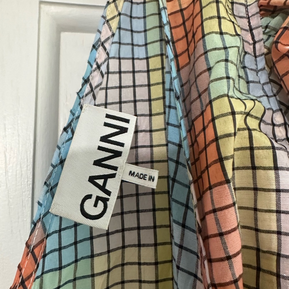 GANNI Seersucker Puff-Sleeve Dress - Picture 2 of 6